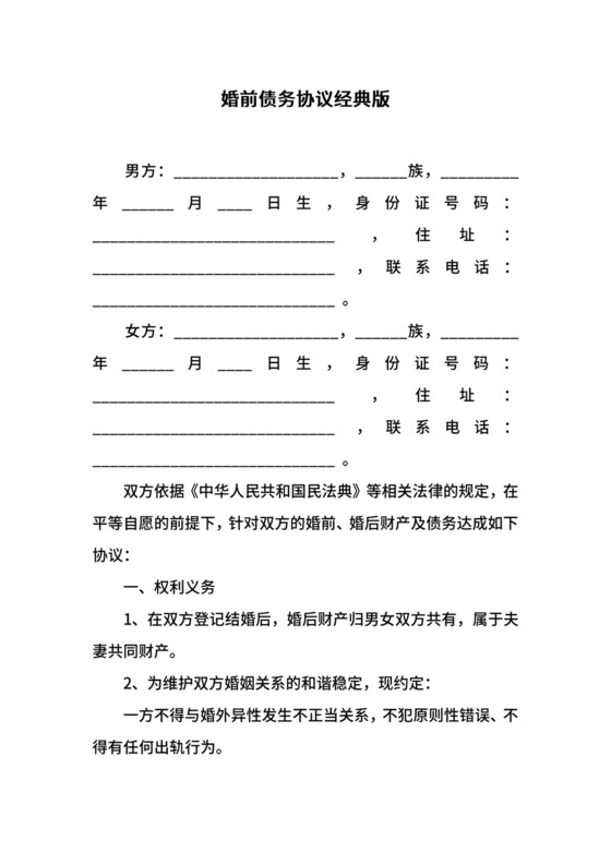 婚前债务协议经典版.docx