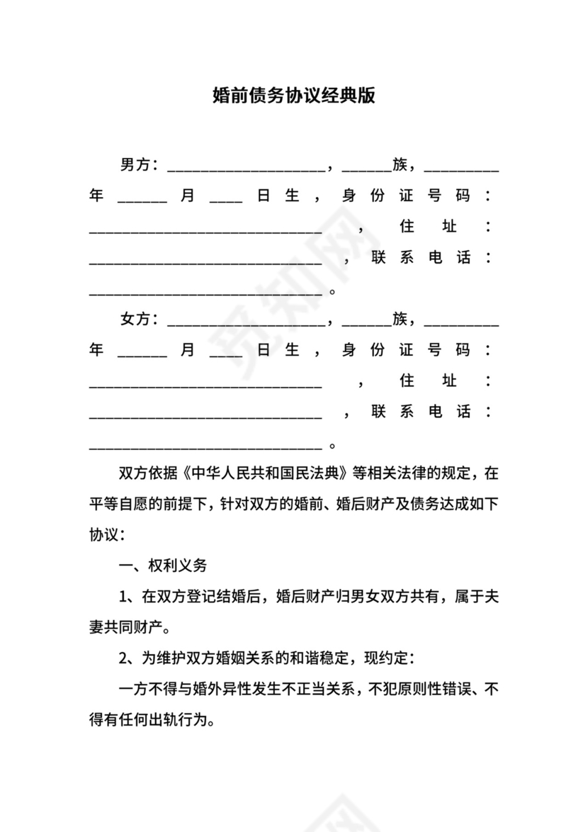婚前债务协议经典版.docx