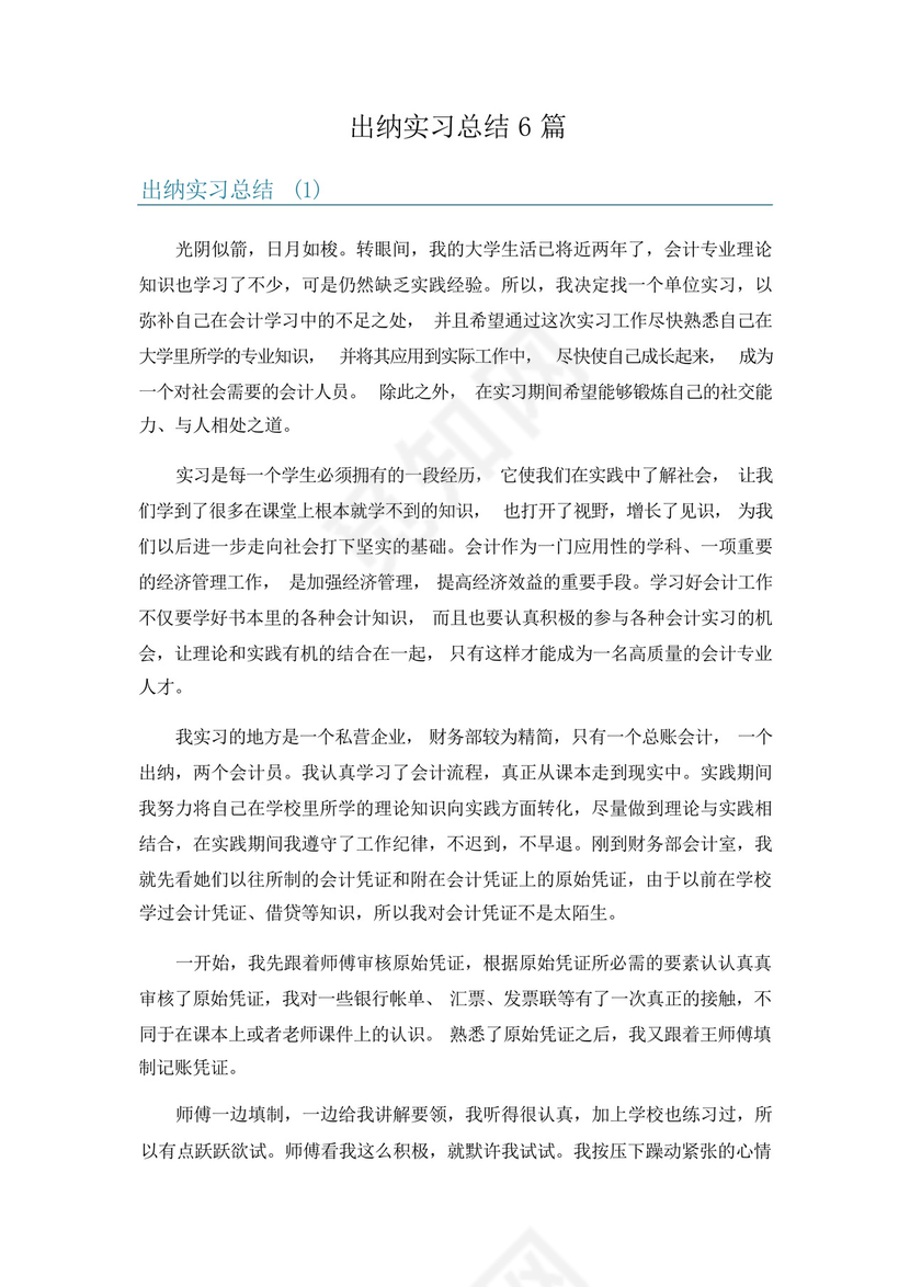 出纳实习总结6篇.docx