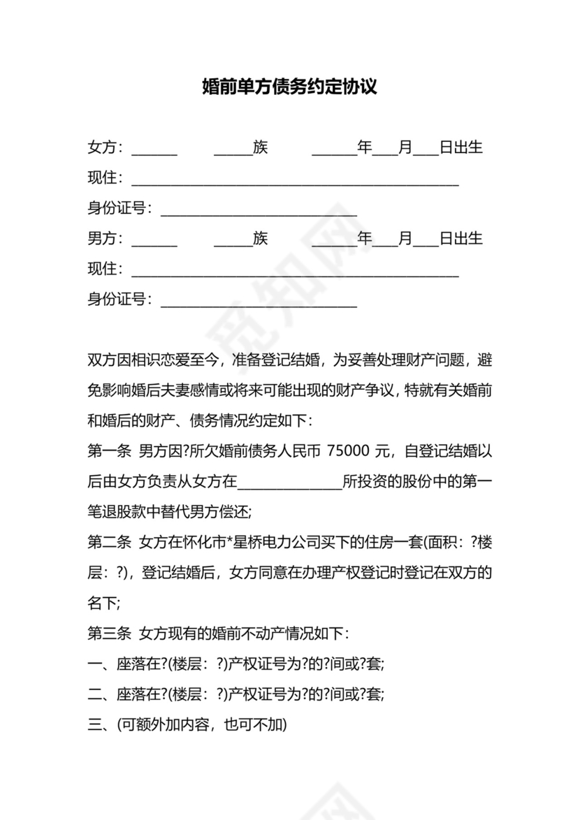 婚前单方债务约定协议.docx