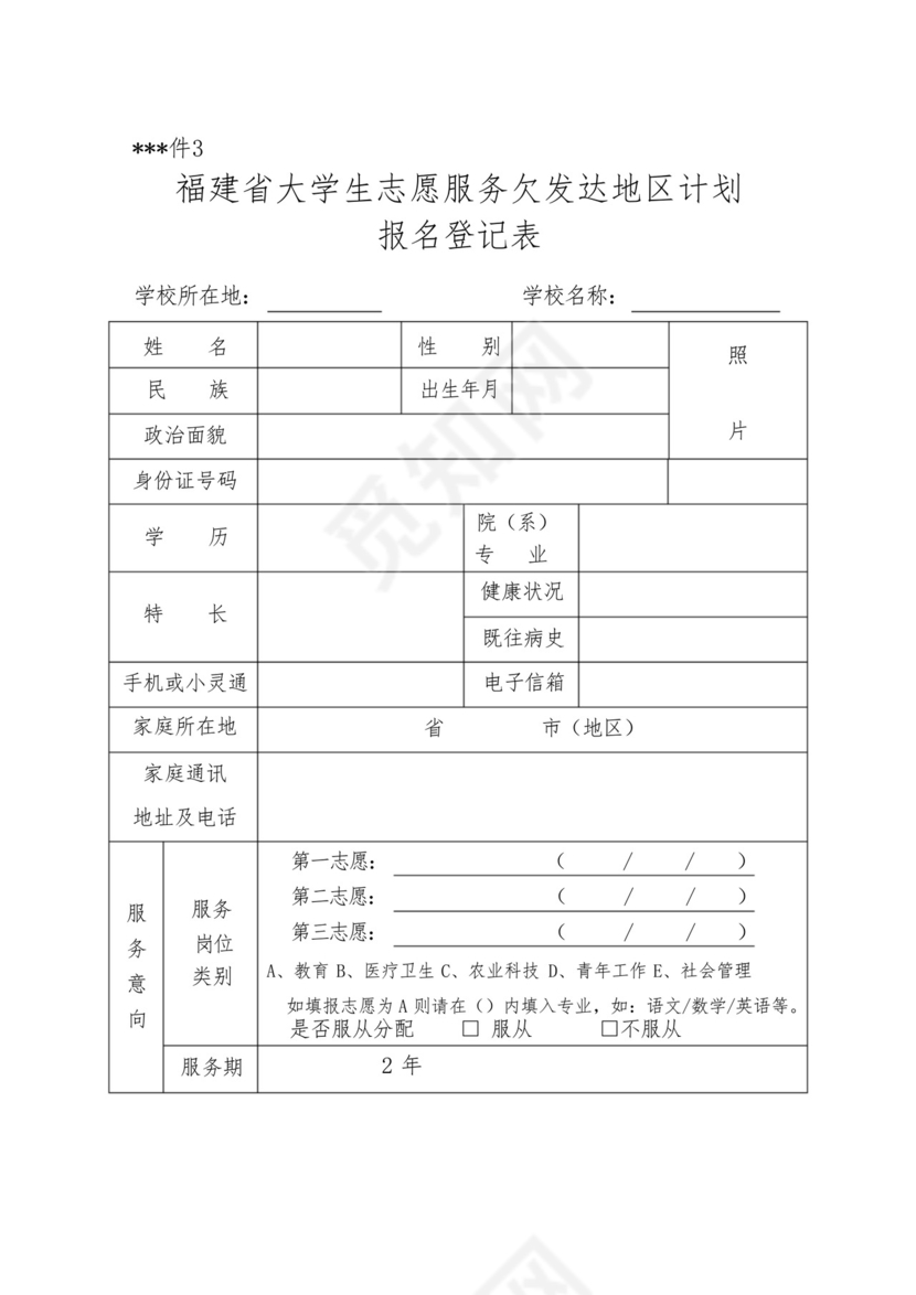 福建省大学生志愿服务欠发达地区计划报名登记表【模板】.docx