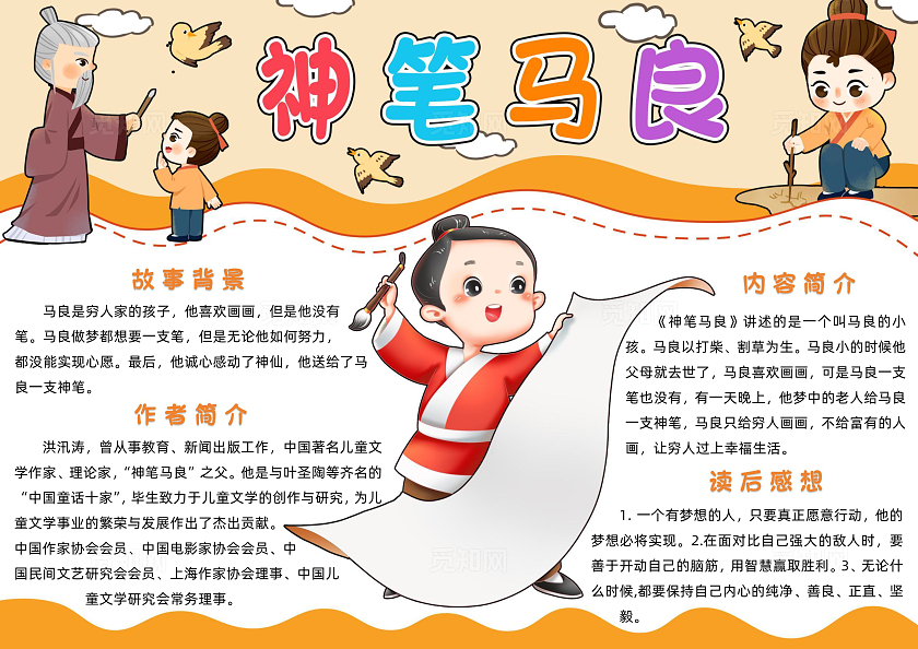 橘色卡通神笔马良小报卡通小报手抄报好书推荐