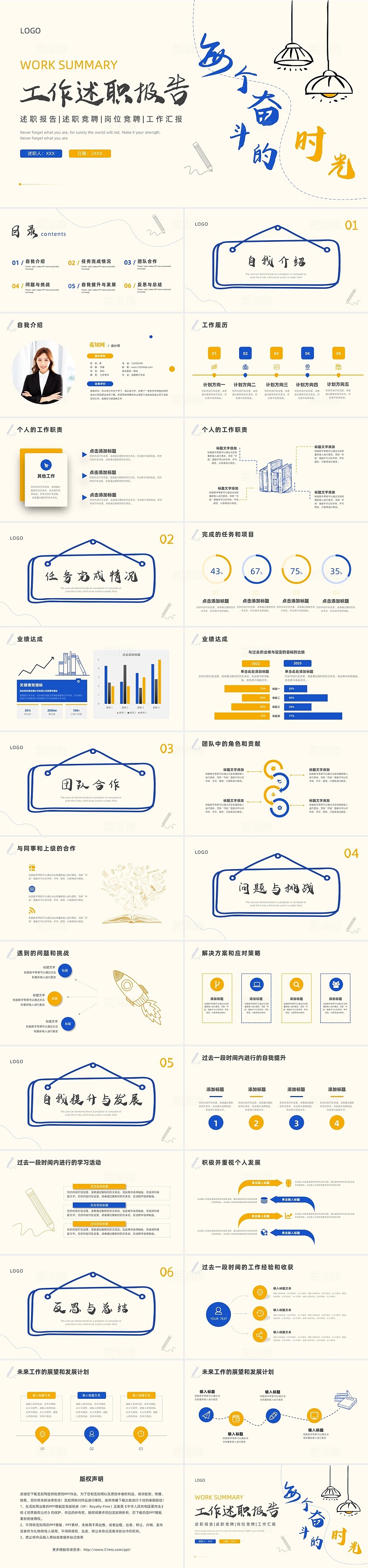 蓝色黄色简约手绘风述职报告工作总结PPT模板