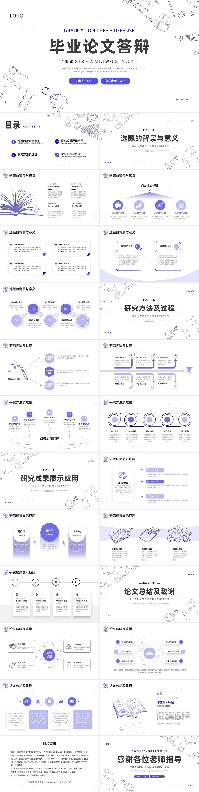蓝色手绘风简约毕业论文答辩ppt模板