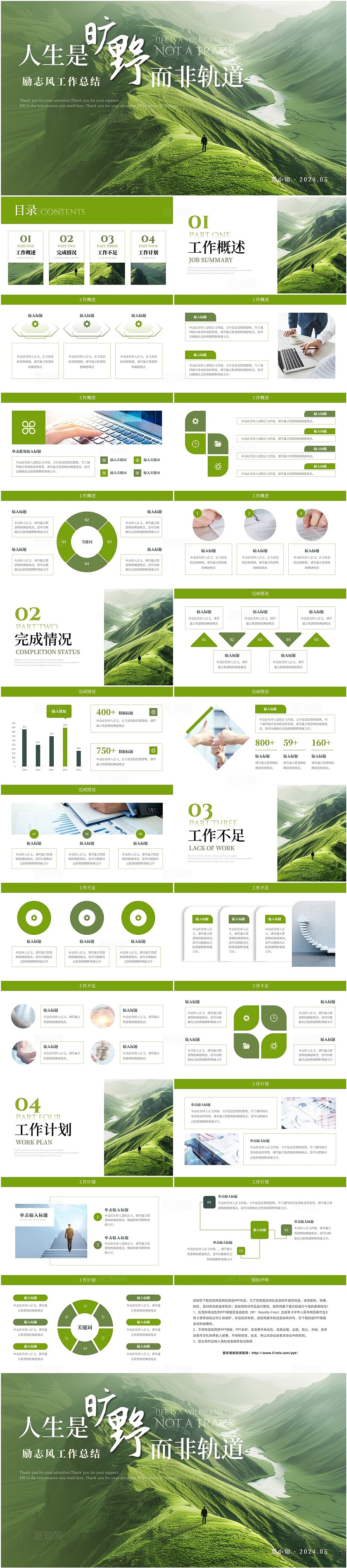 绿色大气简约励志风实拍风景人生是旷野而非轨道草原通用工作总结年中总结PPT模版ppt模板
