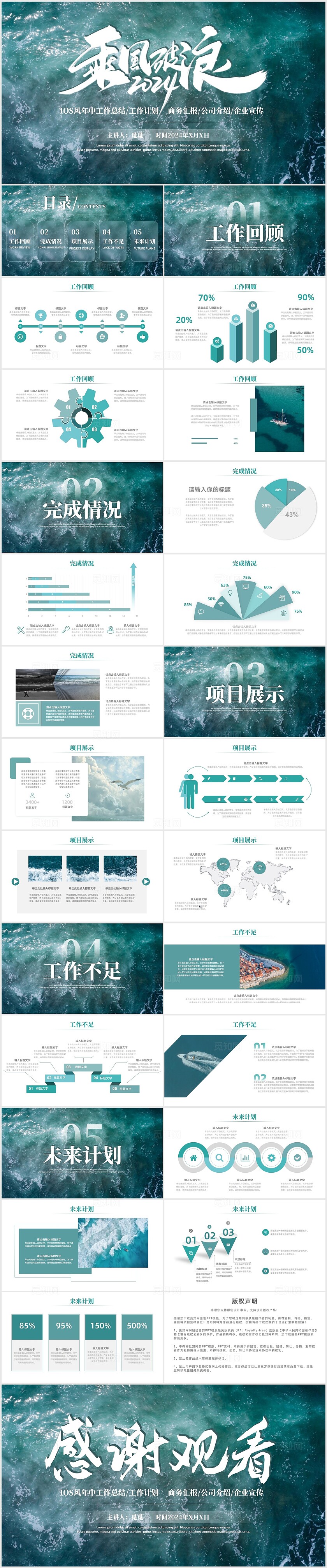 绿色商务大气实拍海浪IOS风年中总结述职报告工作总结PPT模板