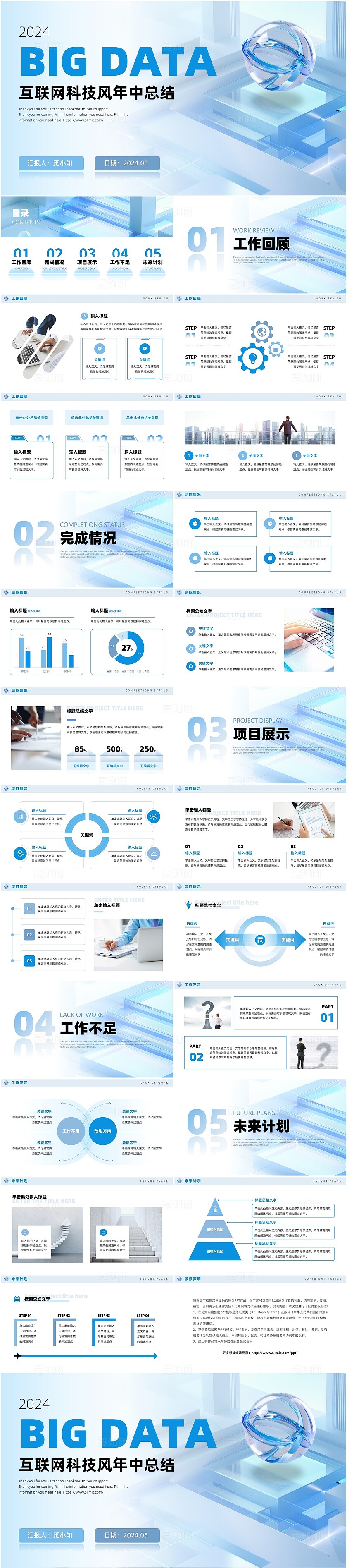 蓝色简约大气互联网科技风年中总结工作总结通用PPT模版