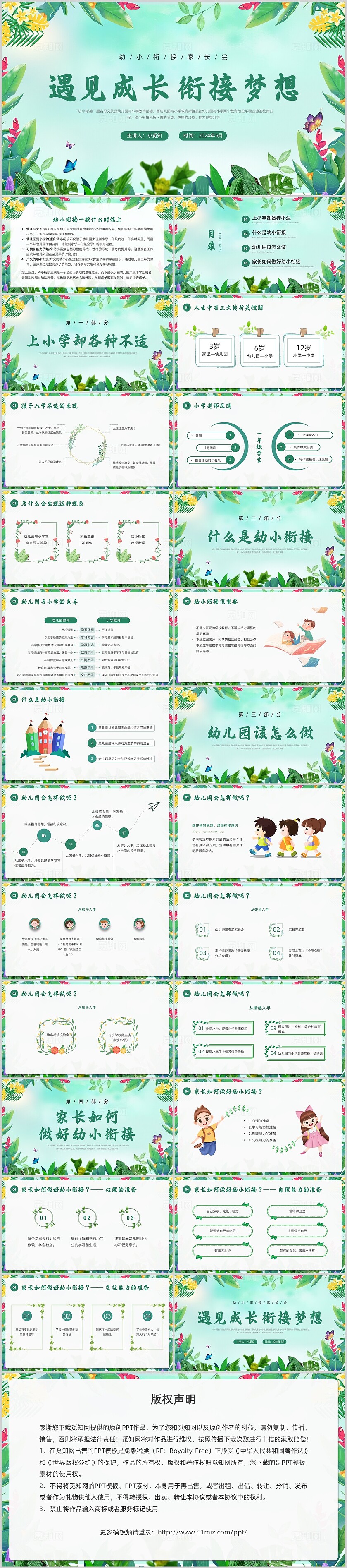 绿色小清新风格水彩花草幼升小衔接家长会PPT课件幼小衔接