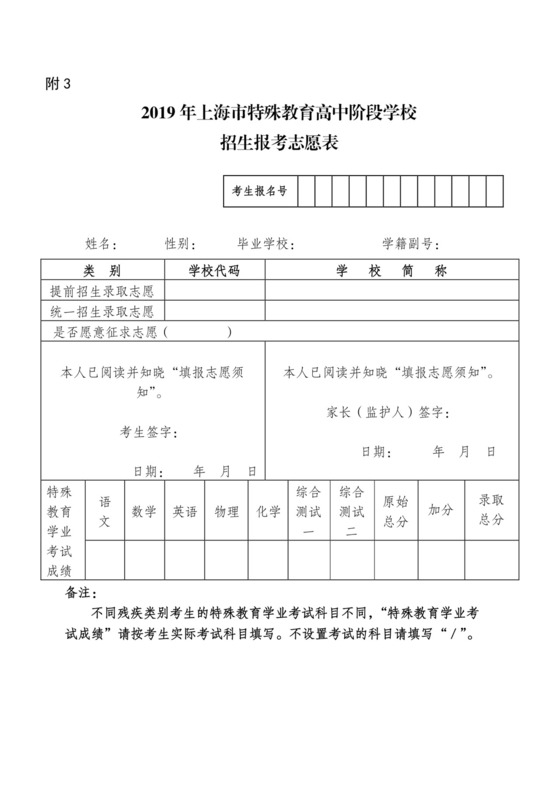 2019年上海市特殊教育高中阶段学校招生报考志愿表.docx