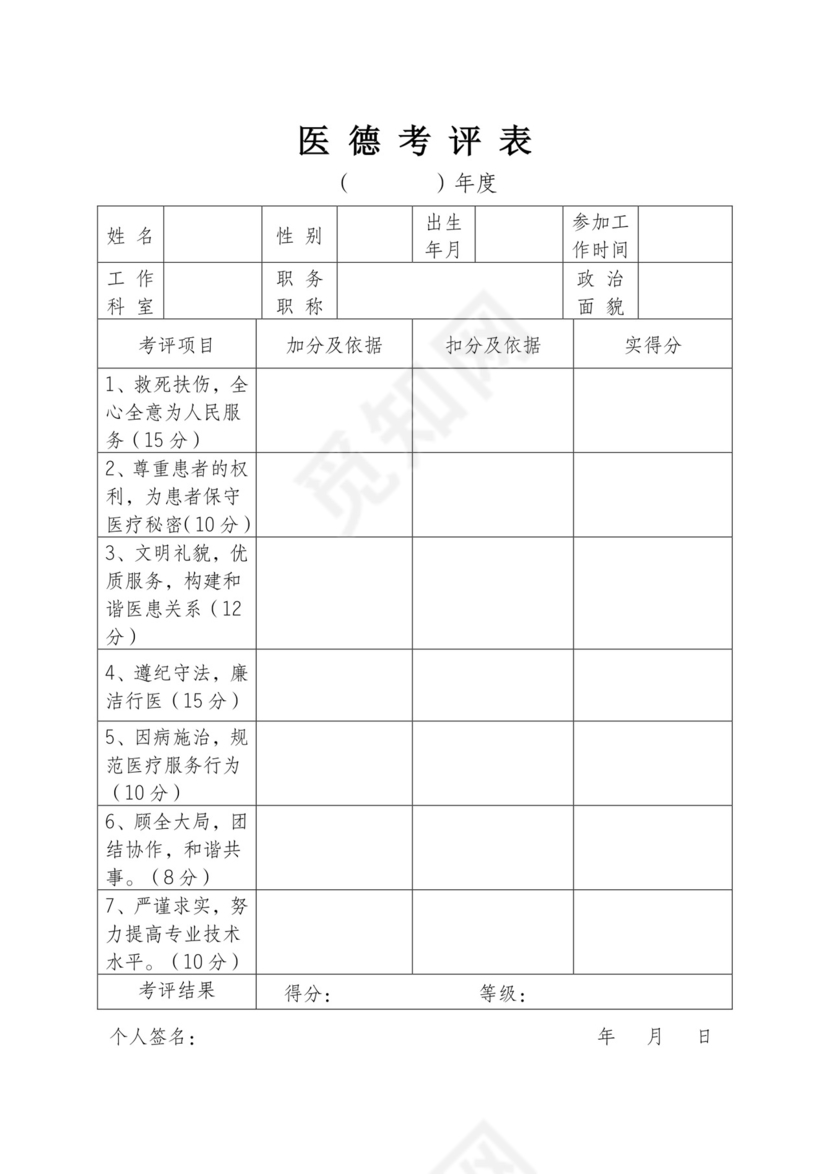 医德医风考评表.doc