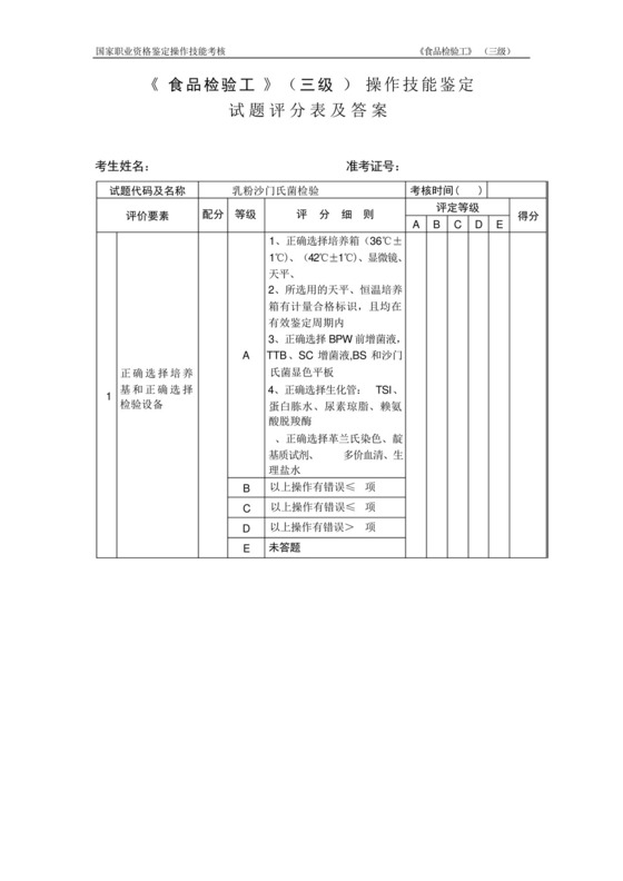 《食品检验工》(三级)操作技能鉴定112试题评分表及答案..docx