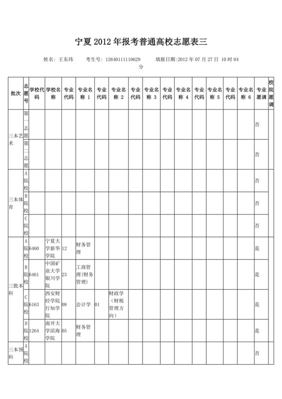 宁夏2012年报考普通高校志愿表三.doc