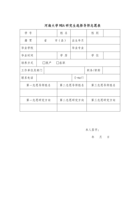 河海大学MBA研究生选择导师志愿表.doc