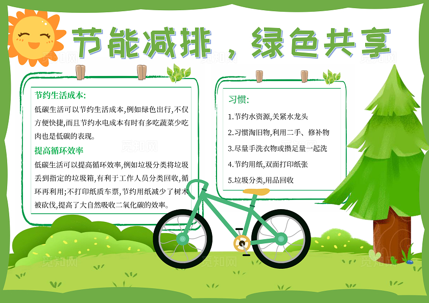 绿色清新简约插画节能减排绿色共享环保手抄报世界环境日