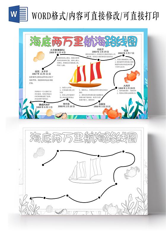 蓝色手绘 海底两万里航海路线图 海底两万里航海路线图小报手抄报