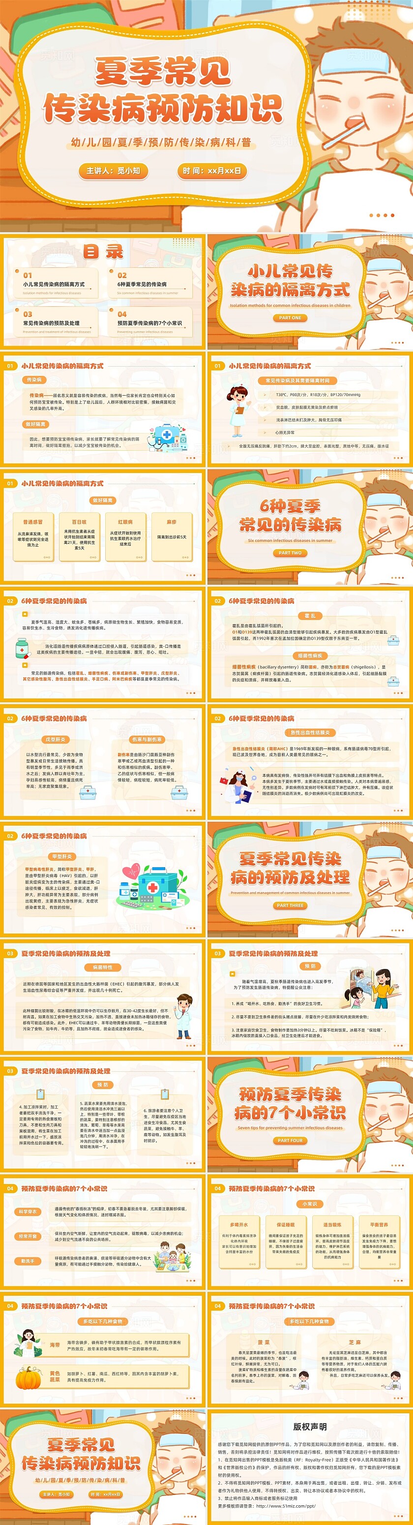 插画风幼儿园夏季传染病预防主题班会说课PPT通用模板