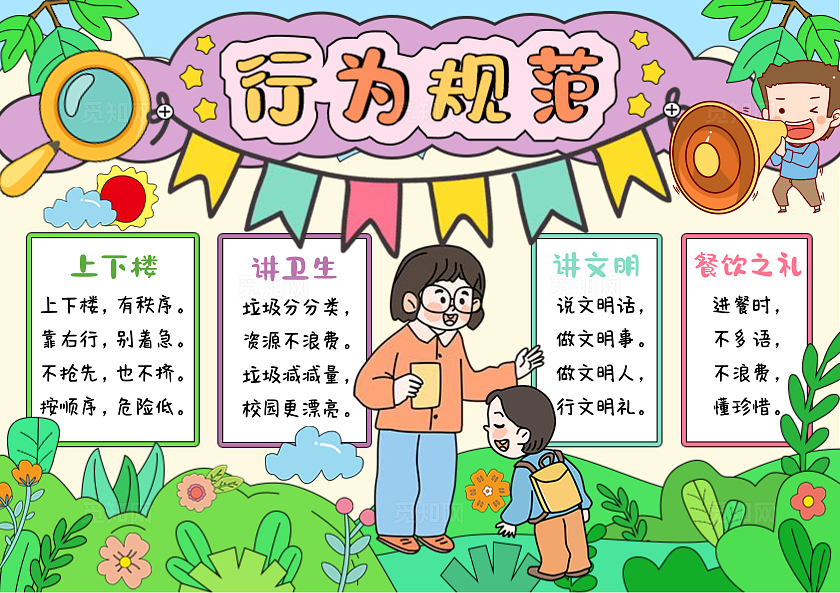 蓝色背景绿植卡通手绘行为规范小报手抄报小学生守则手抄报