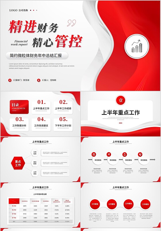 红色简约微粒体风出纳会计财务年中总结工作总结工作汇报ppt模板