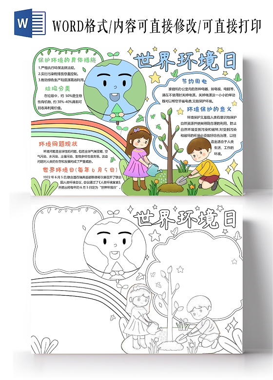 简约手绘卡通绿植蓝色世界环境日小报手抄报