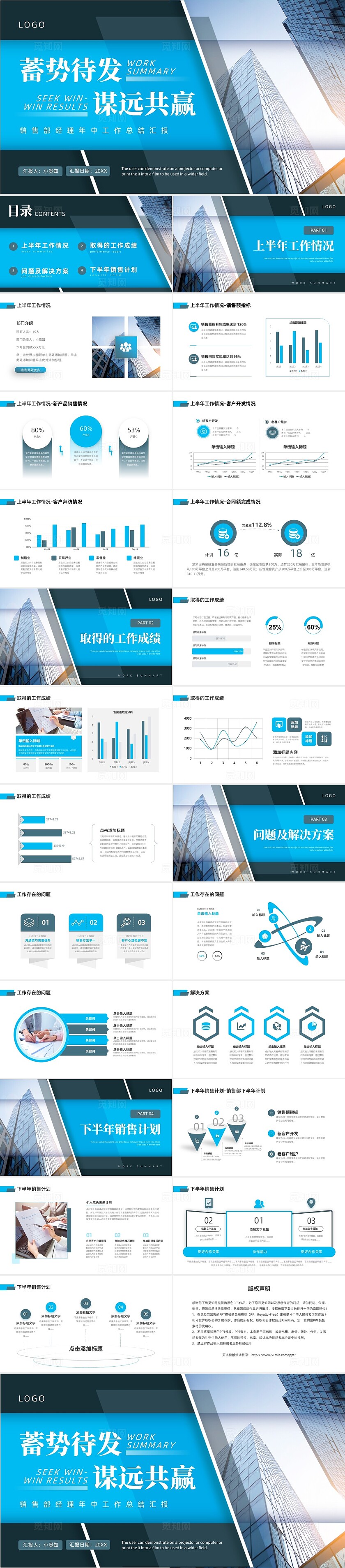 蓝色商务风销售年中工作总结PPT模板年中总结