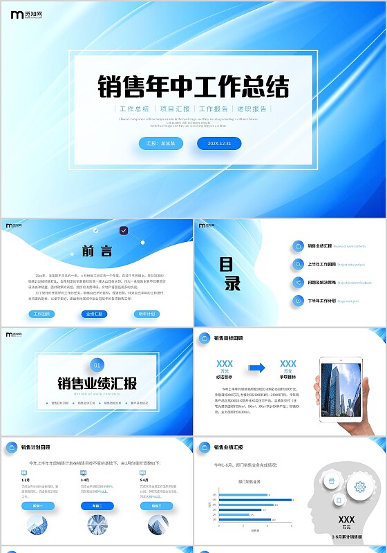 蓝色简约渐变流体线条公司销售年中工作总结PPT年中总结
