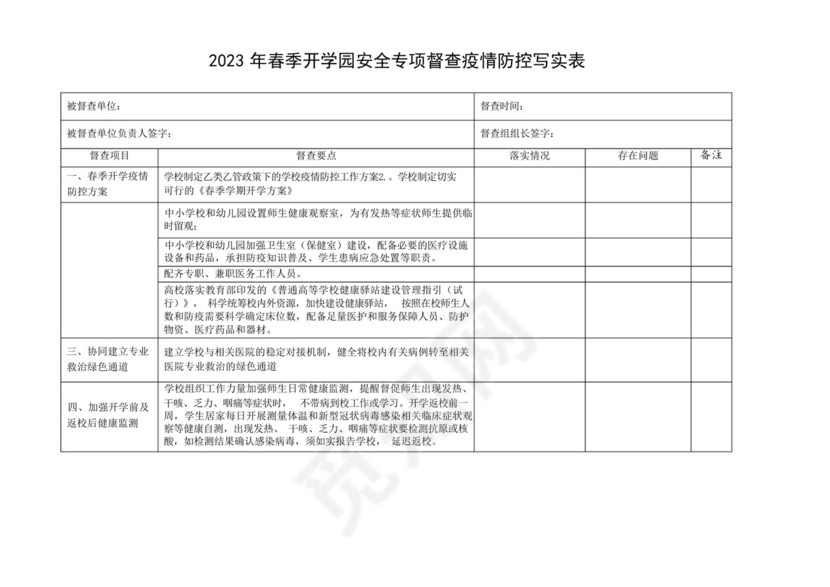 2023年春季开学校园安全及疫情防控检查表-.docx