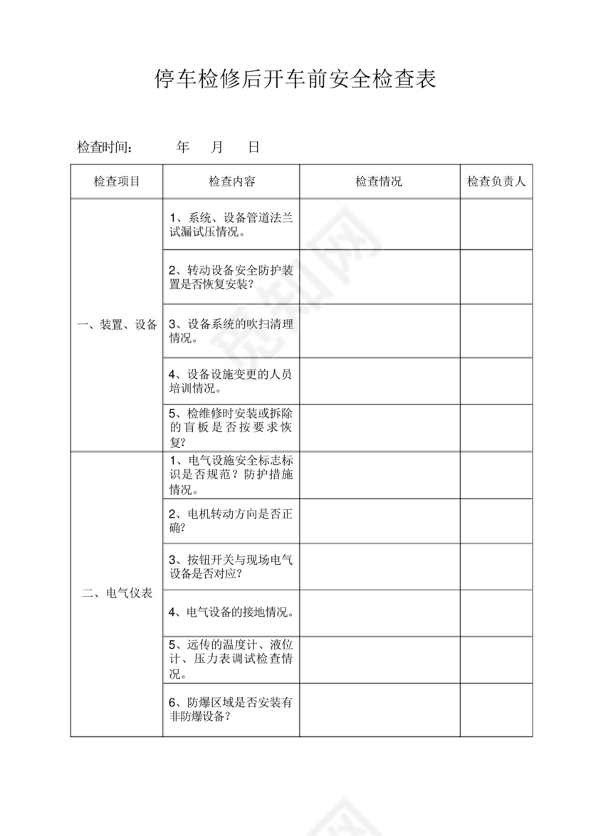 停车检修后开车前安全检查表.docx