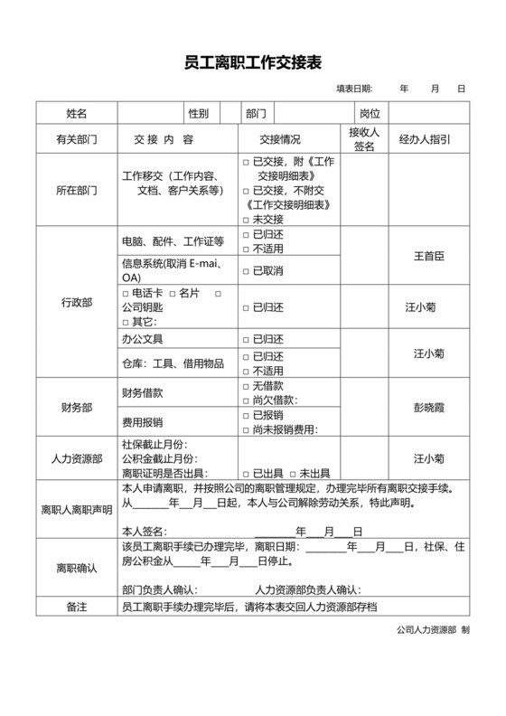 公司员工离职工作交接表模板.doc