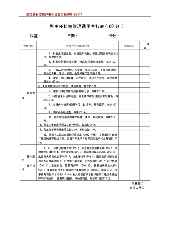 医院各科室医疗安全质量考核细则及评分表.docx