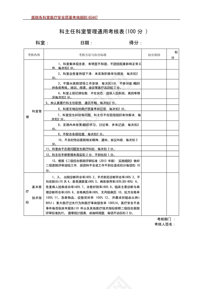 医院各科室医疗安全质量考核细则及评分表.docx