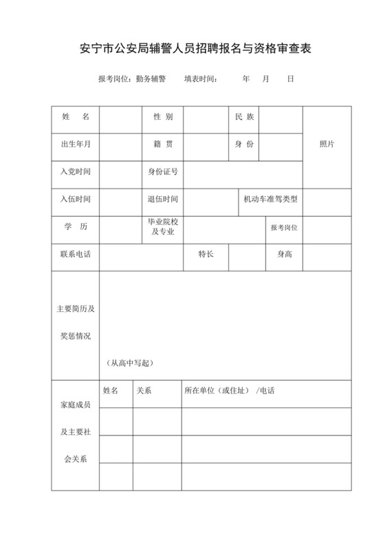 安宁市公安局辅警人员招聘报名与资格审查表【模板】.docx