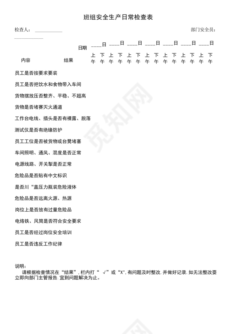 工厂班组安全生产日常检查表-.docx