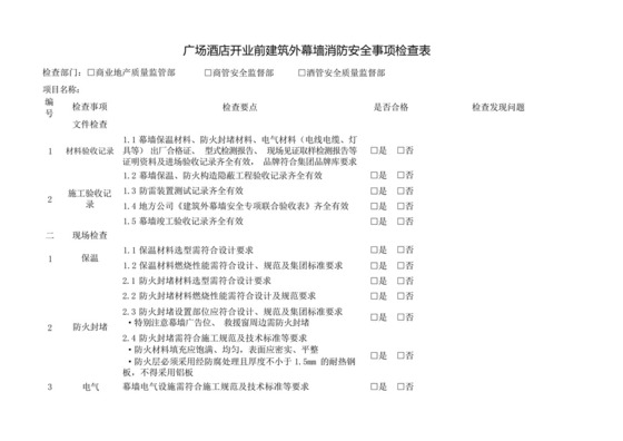 广场酒店开业前建筑外幕墙消防安全事项检查表.docx