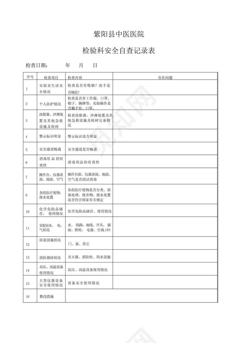 检验科安全检查自查表.docx