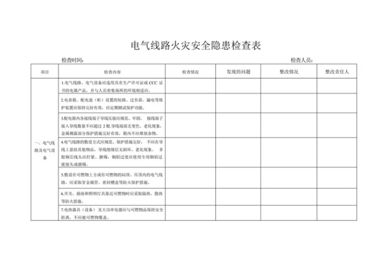 电气线路火灾安全隐患检查表-.docx
