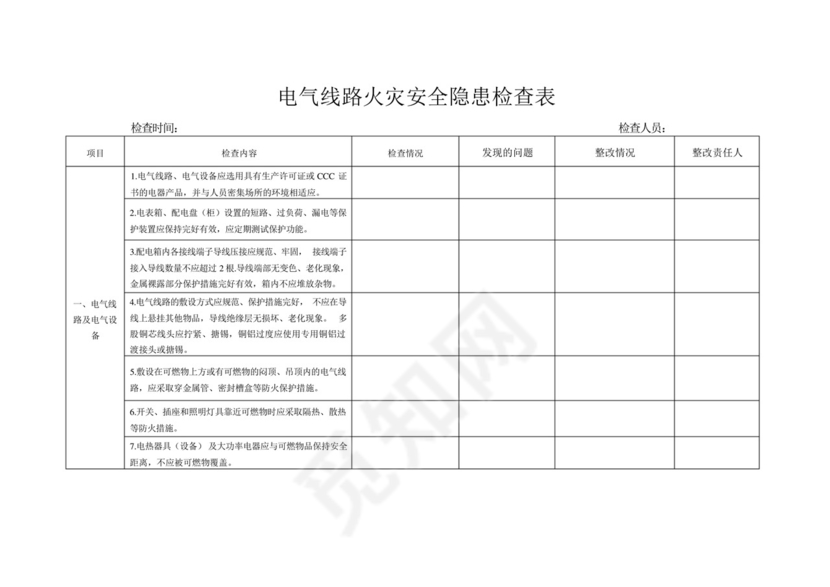 电气线路火灾安全隐患检查表-.docx
