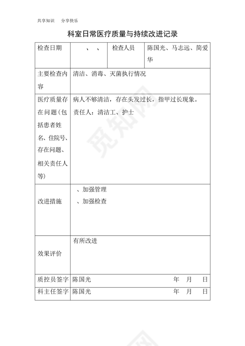 科室日常医疗质量管理与持续改进记录.docx