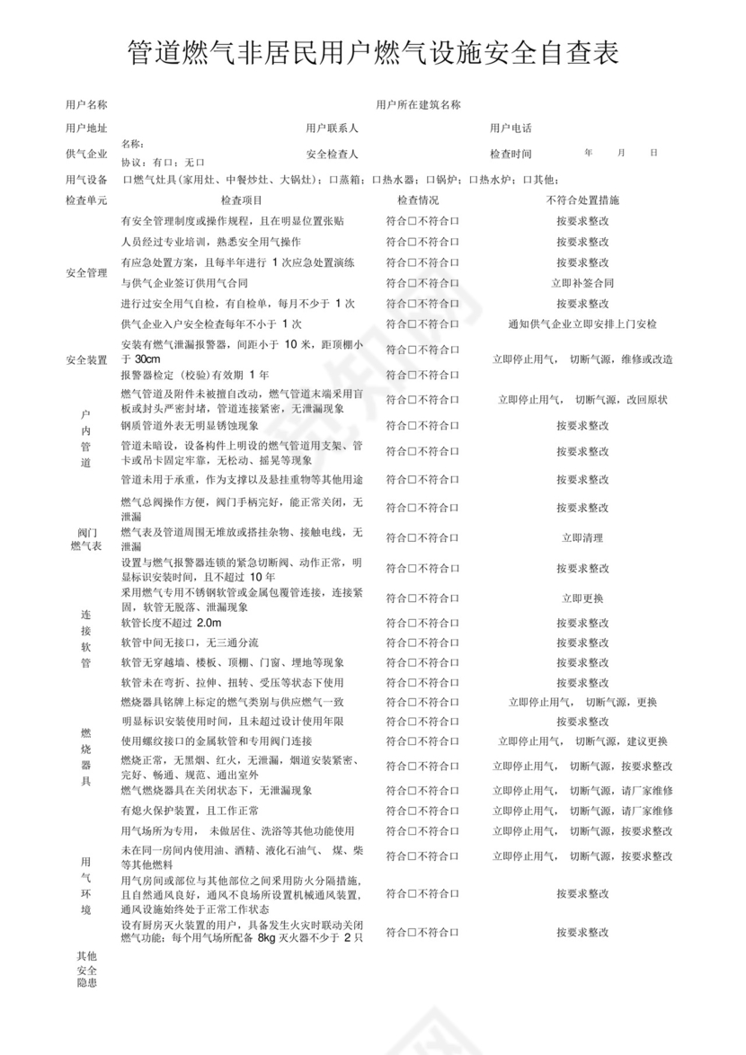 管道燃气非居民用户燃气设施安全自查表.docx