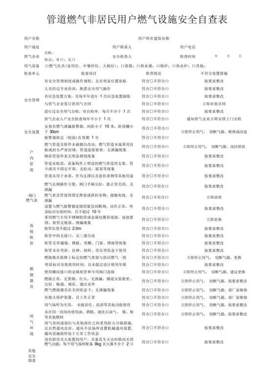 管道燃气非居民用户燃气设施安全自查表.docx