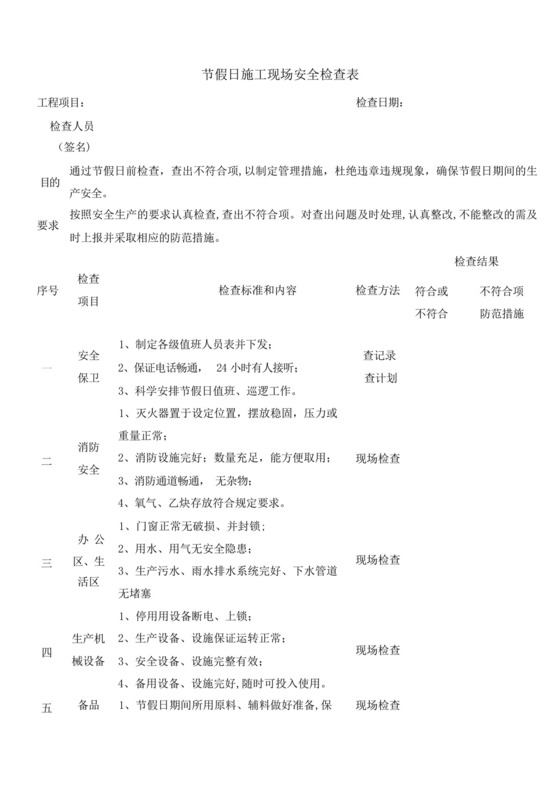 节假日施工现场安全检查表.docx