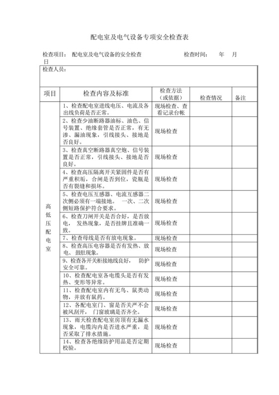 配电室及电气设备专项安全检查表.docx