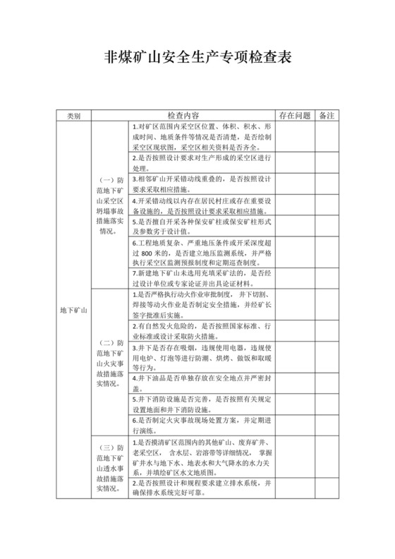非煤矿山安全生产专项检查表.docx