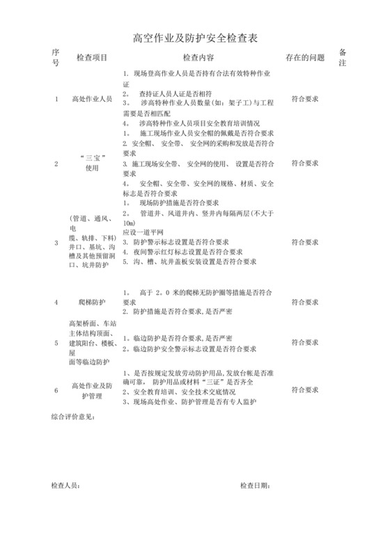 高空作业及防护安全检查表.docx