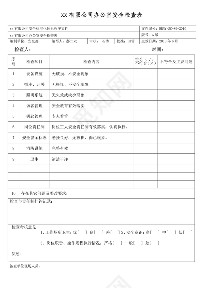 办公室安全检查表.doc