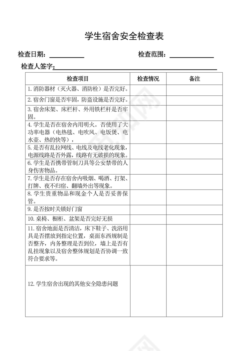 学生宿舍安全隐患排查表.doc