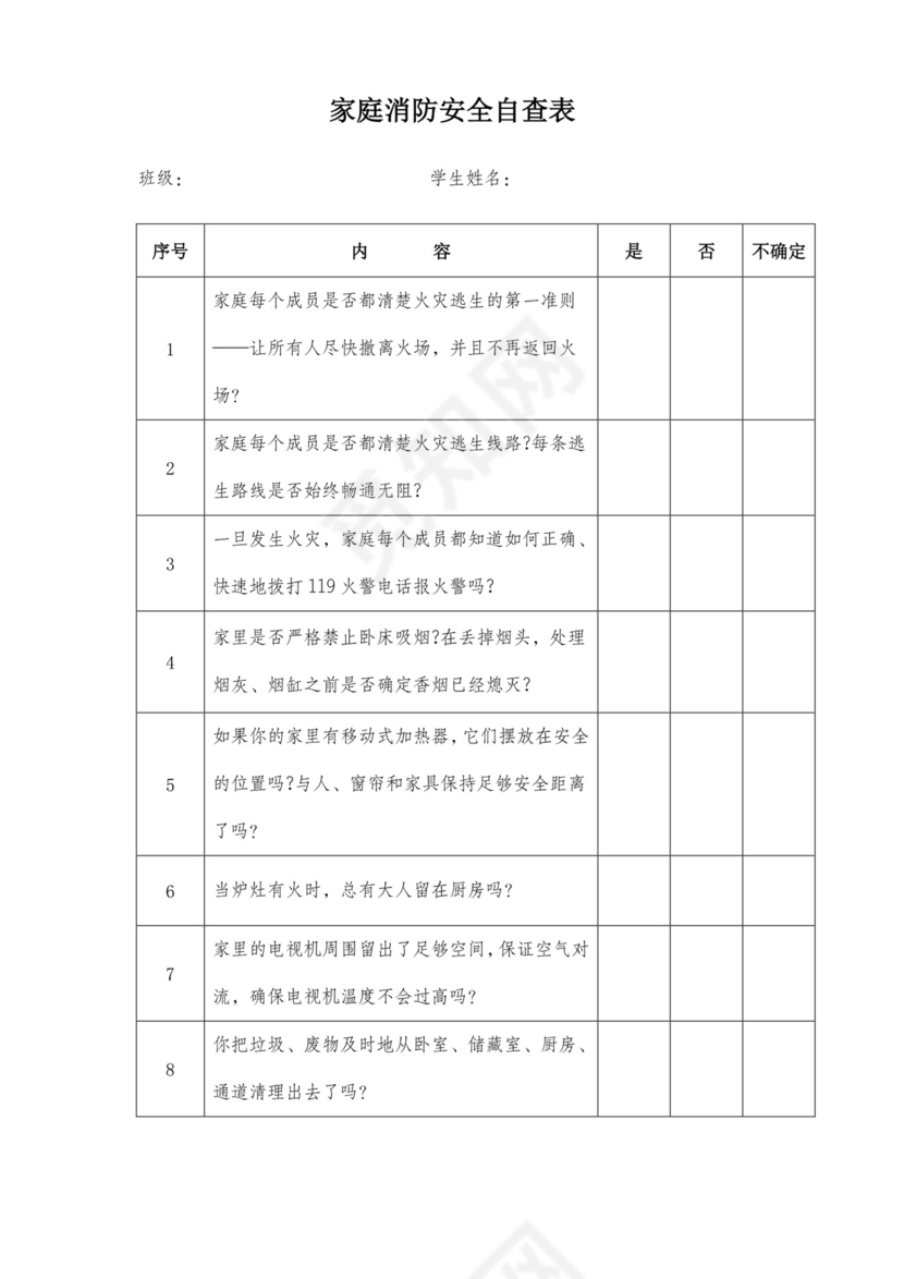 家庭消防安全自查表.doc