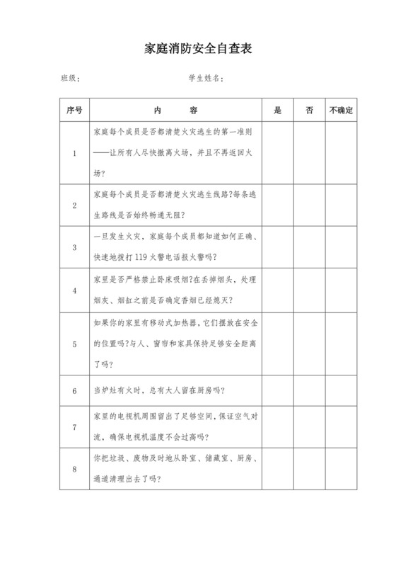 家庭消防安全自查表.doc