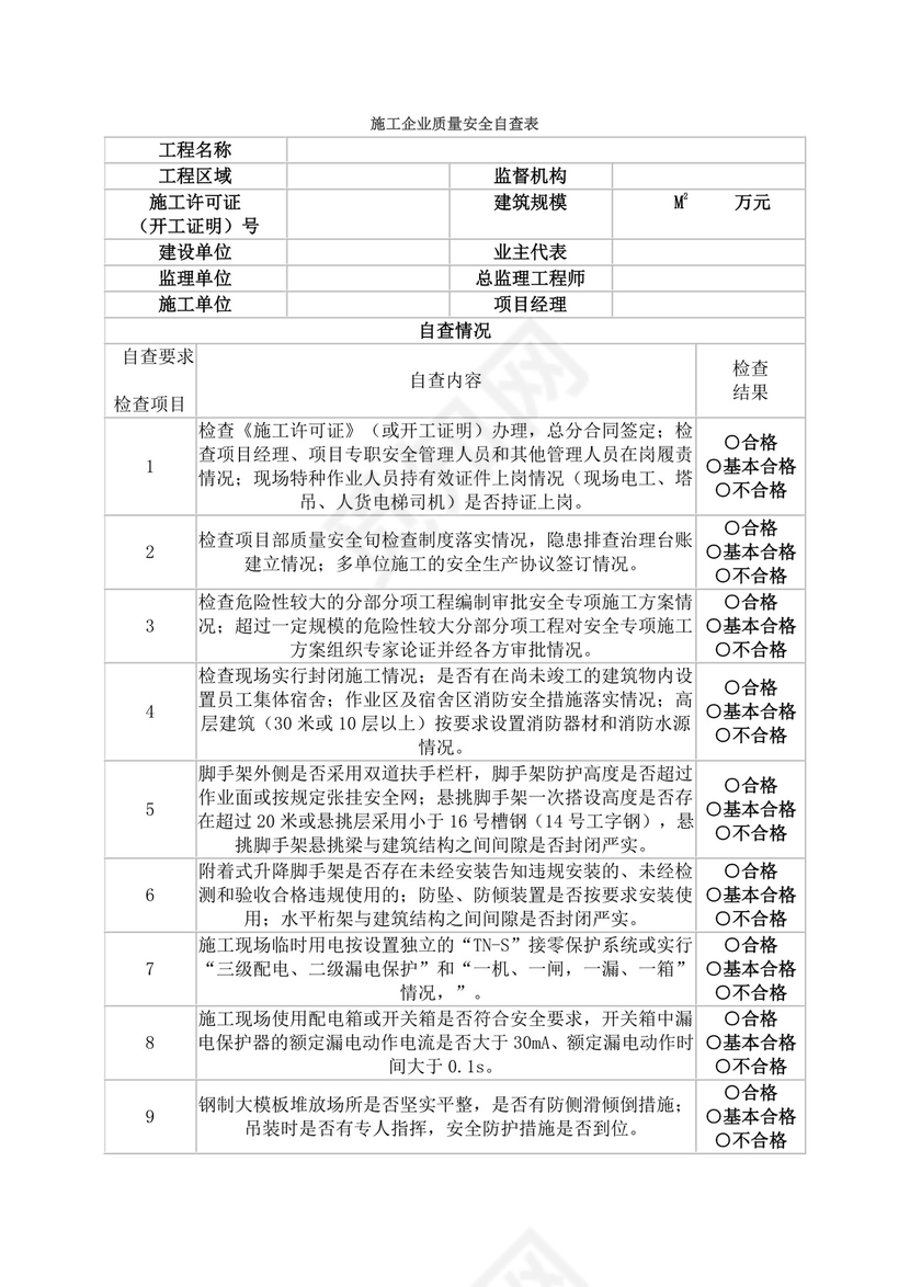 施工企业质量安全自查表.doc