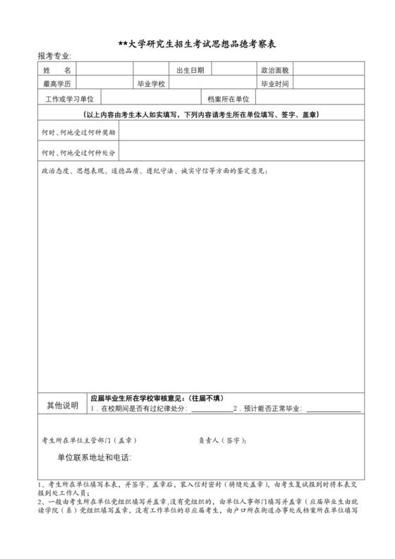 海南师范大学研究生招生考试思想品德考察表【模板】.docx