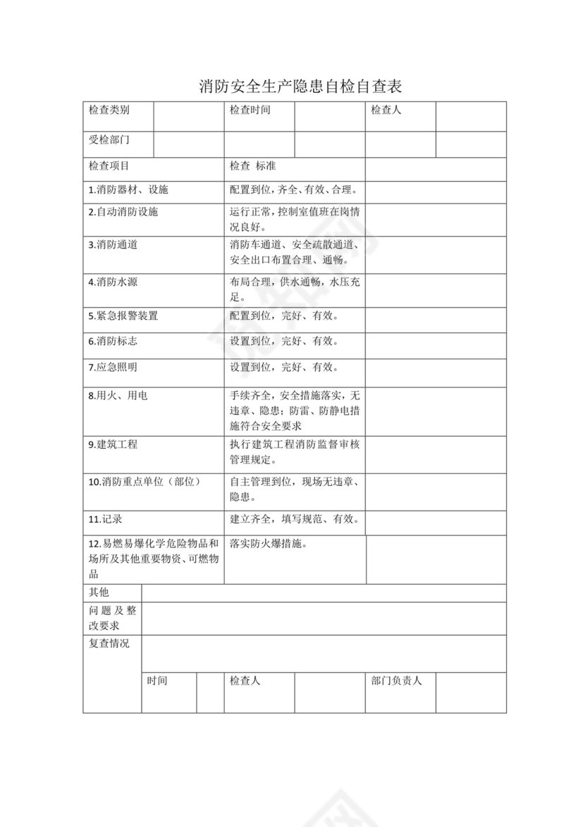 消防安全生产隐患自检自查表.docx